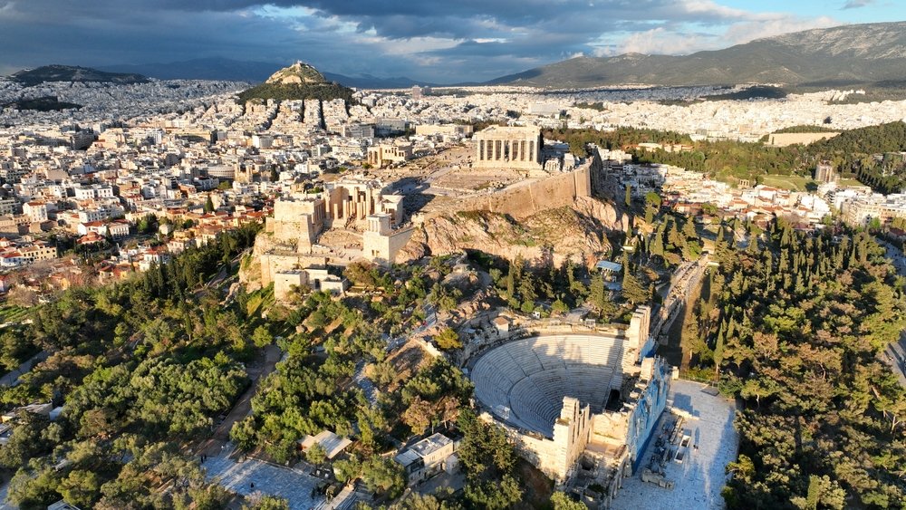 Aerial,Drone,Dramatic,Shot,Above,Unique,Acropolis,Hill,And,The